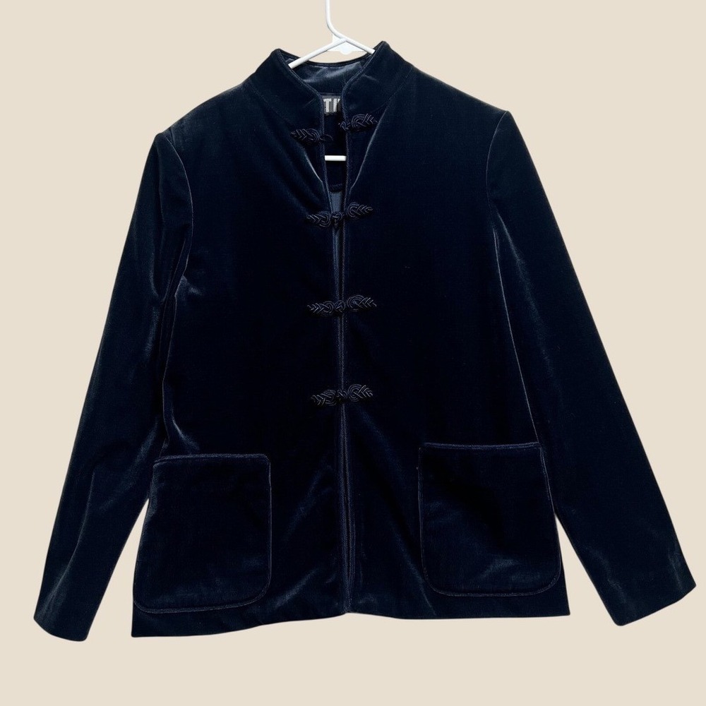 Vintage Act III Navy Blue Velour Frog Toggle Mandarin Collar Jacket 1970s Women
